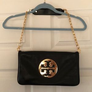 Tory Burch Black/Gold Foldover Chain Clutch